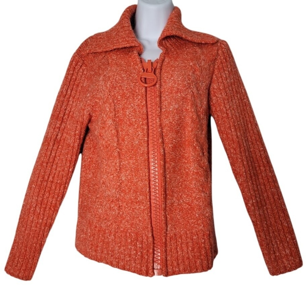 LIN Woman Wool Mohair Sweater Jacket Fits M/L Orange Full Zip Boho Big Zipper